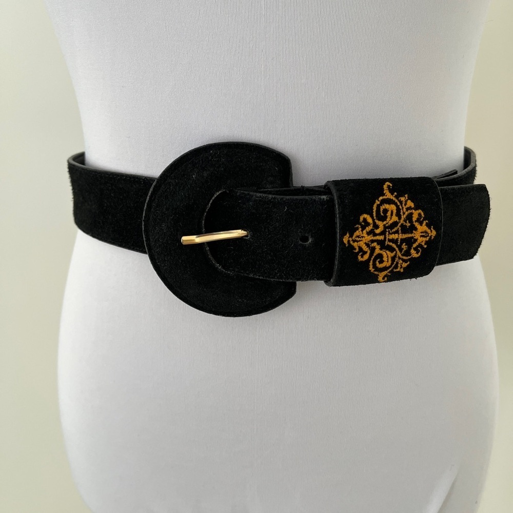 VINTAGE Belt Black Suede Gold Thread Embroidered Embellishment Artsy Classic